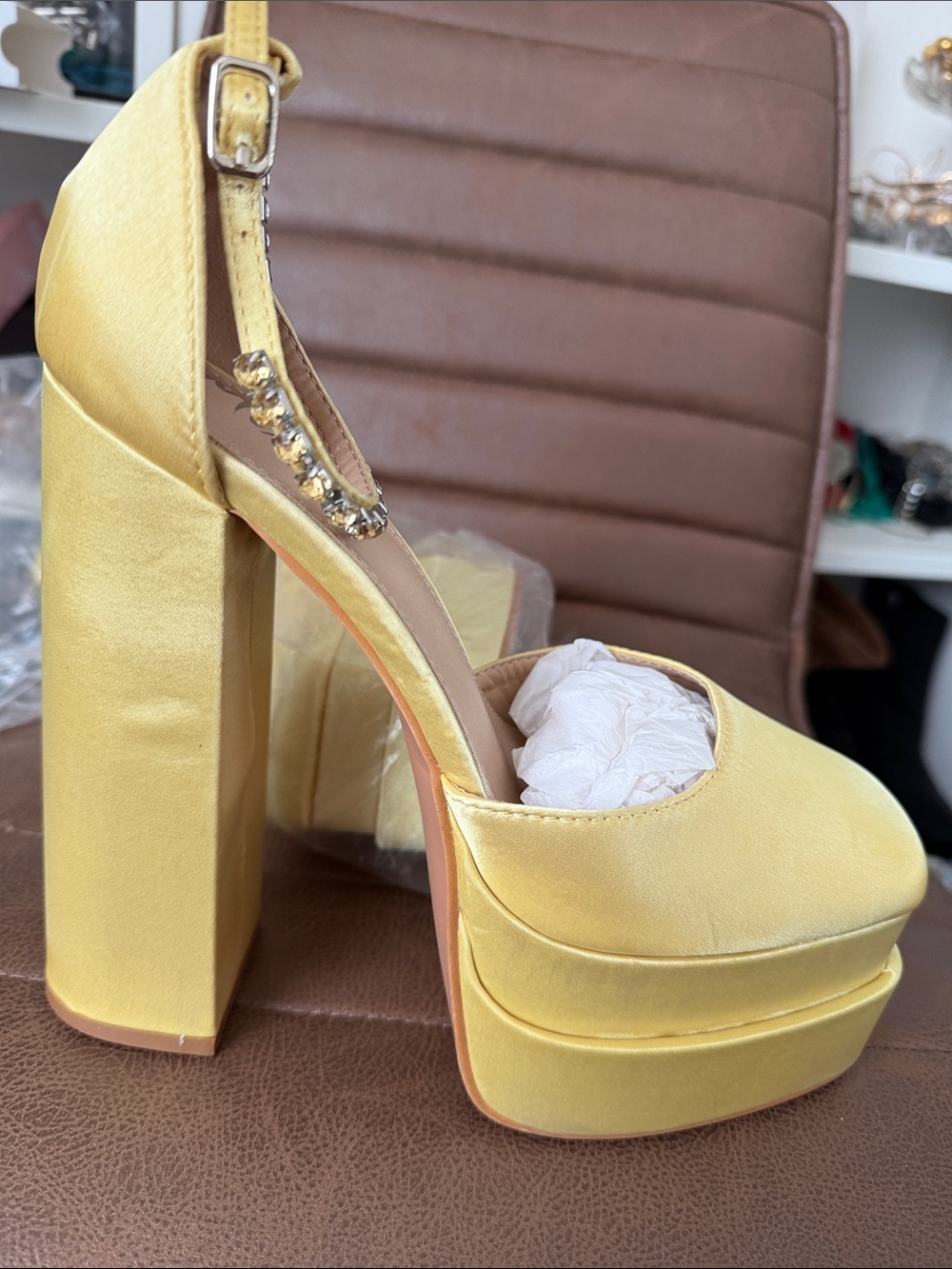 Yellow Platform Block Heel Pumps with Ankle Strap